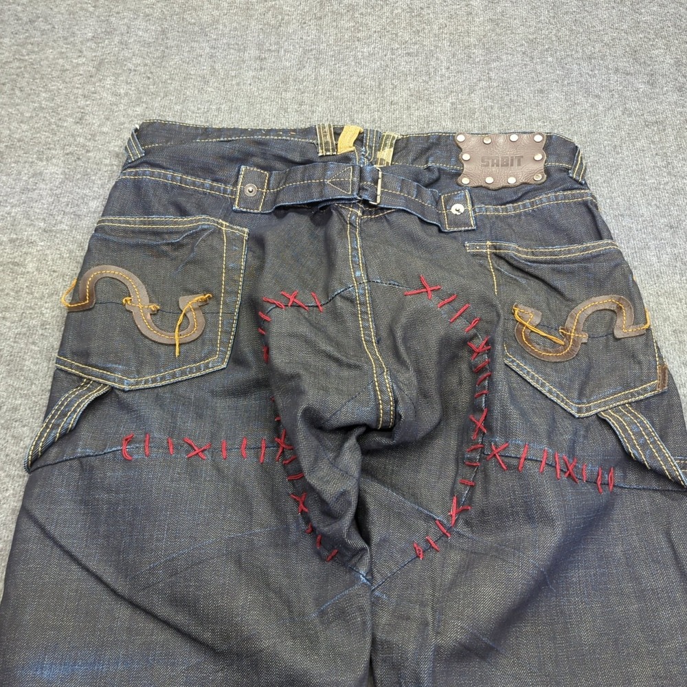 Sabit Jeans Mens 34x34 Blue Wide Leg Button Fly Dark Wash Embroidered Buckle